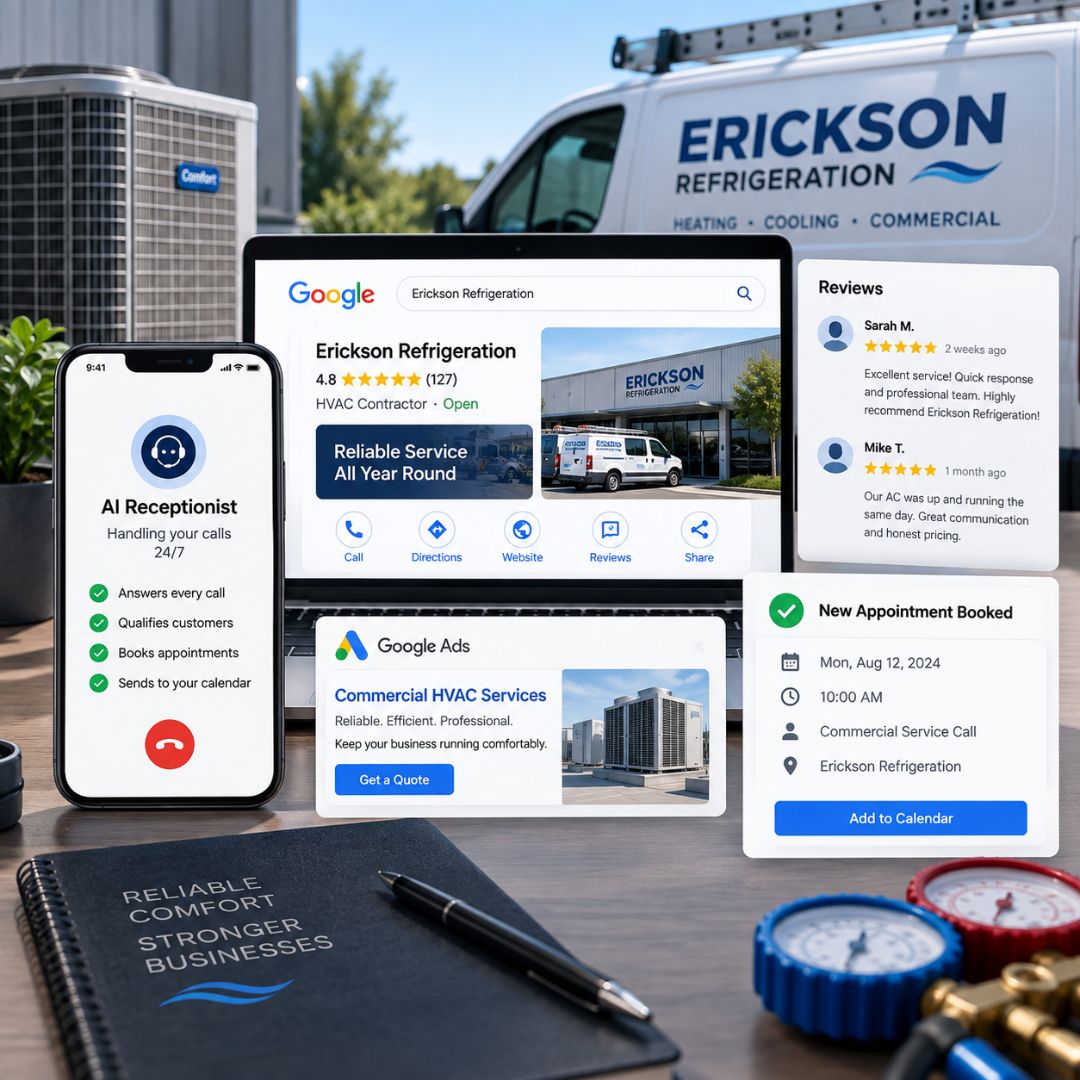 BrandFlow Erickson Refrigeration customer acquisition campaign with Google Ads, reviews, and AI receptionist