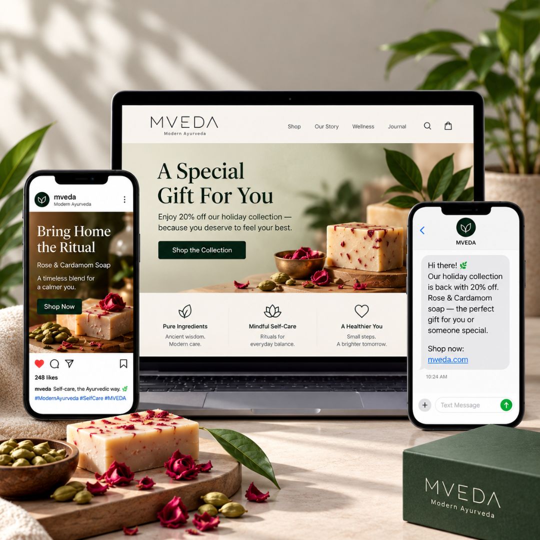 BrandFlow MVEDA customer engagement campaign across social, email, and SMS